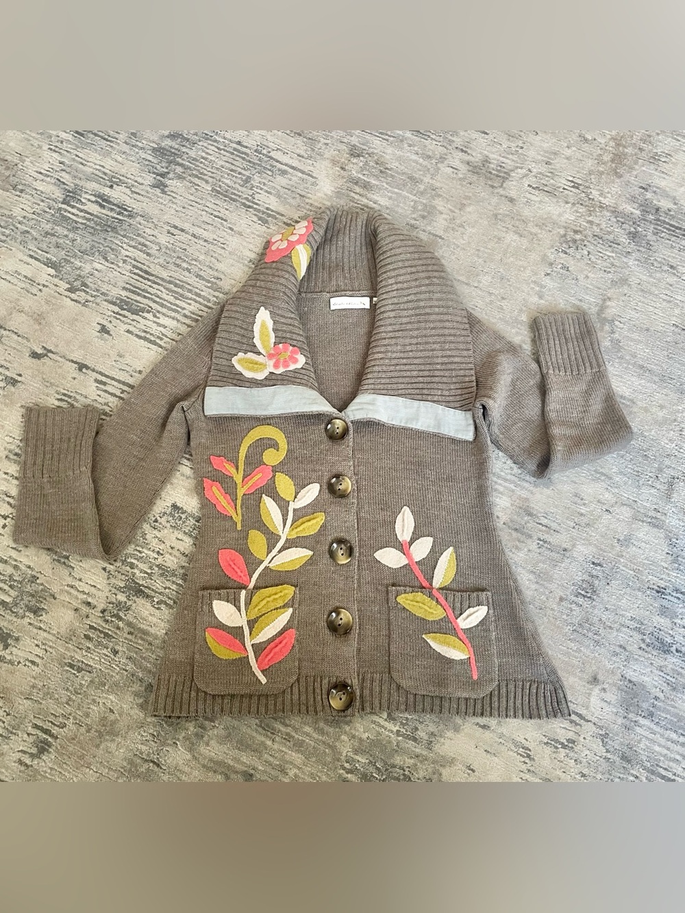 Vintage Anthropologie Charlie & Robin Shawl Collar Sweater with Flowers, Size L